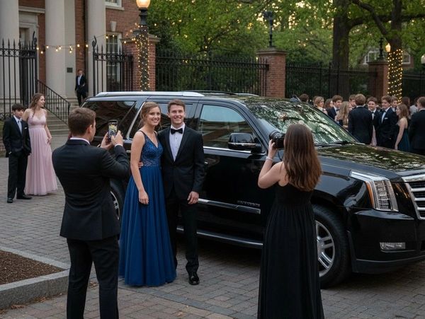 Young couple in formal attire poses for photos in front of a black SUV at an elegant event.