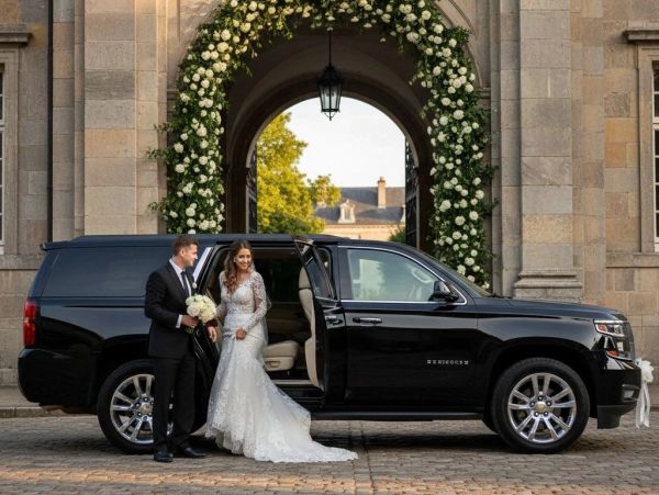 Bride and groom beside a black SUV under a floral arch at a wedding venue.