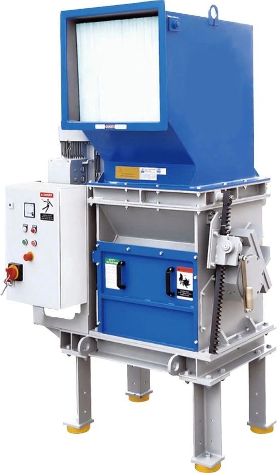 Industrial plastic shredder machine with blue and gray body and control panel.