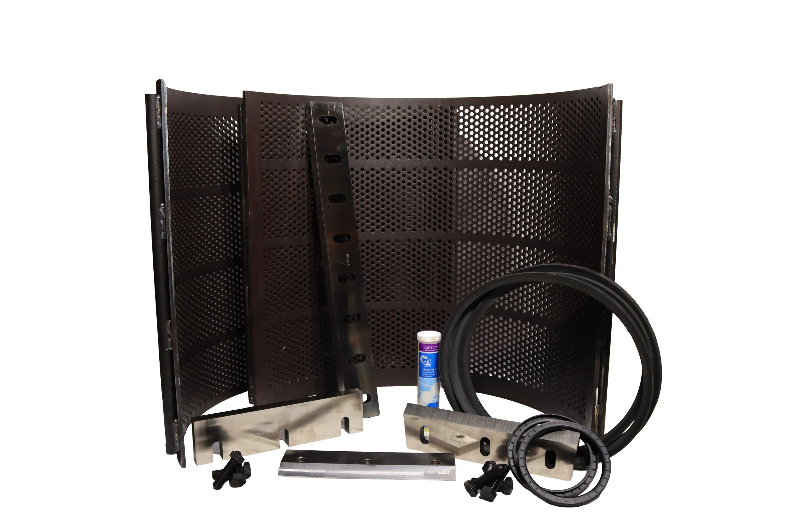 Agricultural machinery spare parts kit with metal blades and seals.