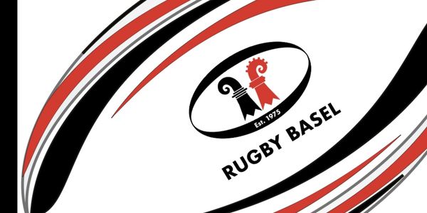 Logo of Rugby Basel with dynamic red, black, and white stripes.