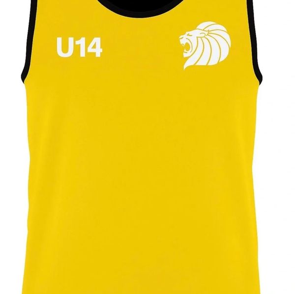 Yellow sports tank top with U14 and roaring lion logo in white.