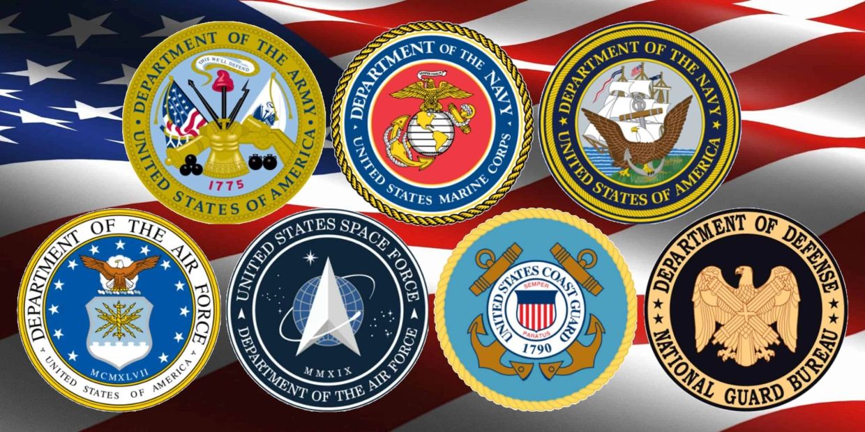 Seals of US military departments over an American flag.