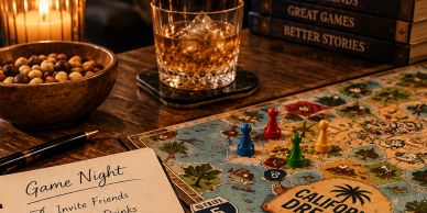 A cozy game night setup with board game, drinks, and snacks.