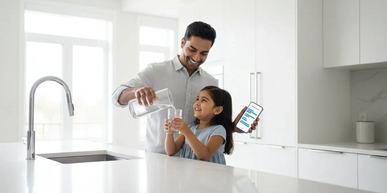 A father pours water for his daughter in a bright kitchen while holding a smartphone.