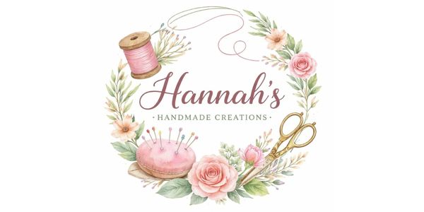 Floral wreath logo with sewing tools for Hannah's Handmade Creations.