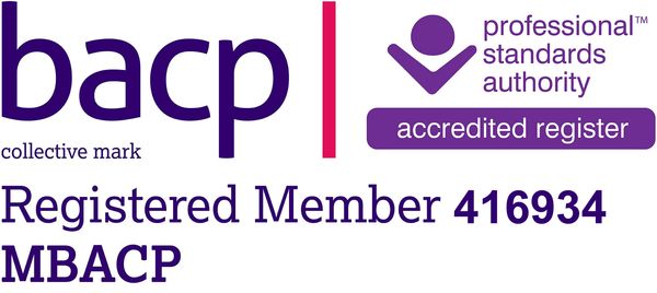 Logo of BACP with registered member number 416934 and professional standards authority accreditation.