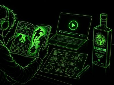 Person studying comics with headphones, laptop, and drink on desk in neon green style.