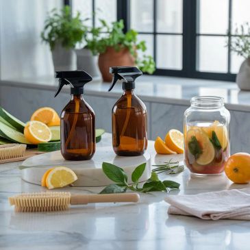 Two amber spray bottles on a kitchen counter with citrus fruits and greenery.