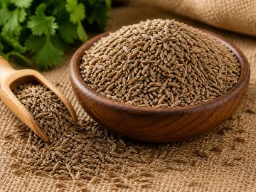 Wooden bowl filled with caraway seeds on burlap fabric.