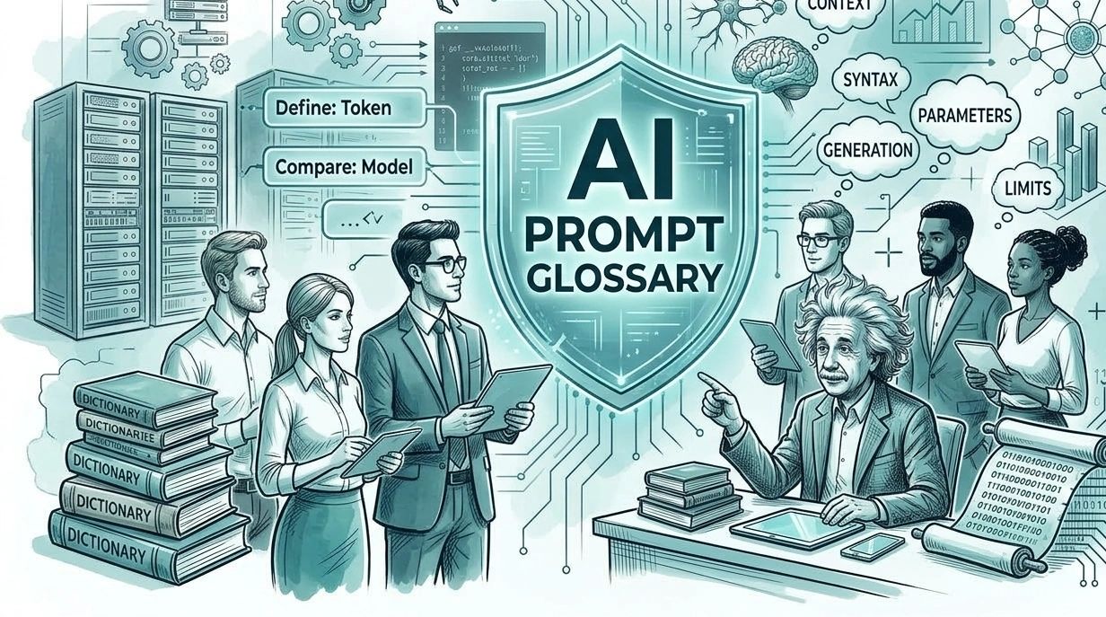 Illustration of AI prompt glossary with diverse people and technology.