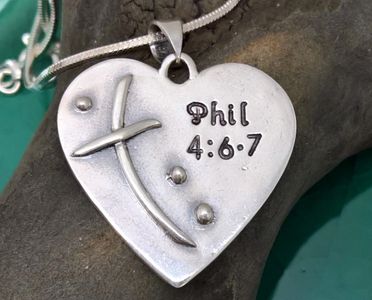 Womens Sterling Silver Heart Necklace with Handsculpted Cross and Bible Verse  
