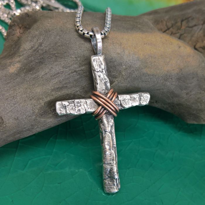Sterling Silver Tree Bark Cross, Mens Cross Necklace, Rustic Cross, Distressed Cross, Rugged Cross