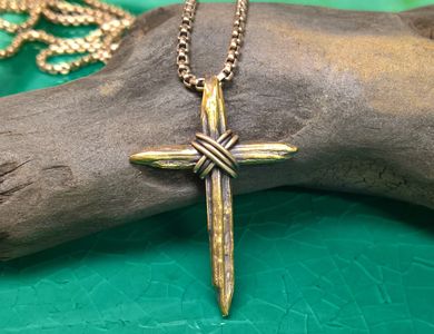 Mens 22K Yellow Gold Weathered Wood Cross Necklace with 14K center wire wrap on a 14K oxidized rounded box chain