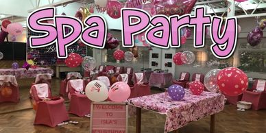 Colorful spa party setup with balloons and decorated tables.