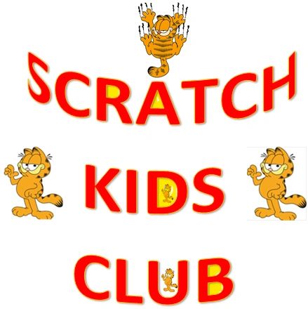 Garfield-themed Scratch Kids Club logo with playful cat illustrations.