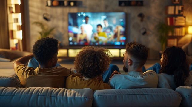 Four people sitting on a couch watching TV together in a cozy living room.