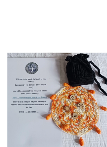 bevscraft.com.au small timber Runes, casting mat and information sheet in handmade crochet bag