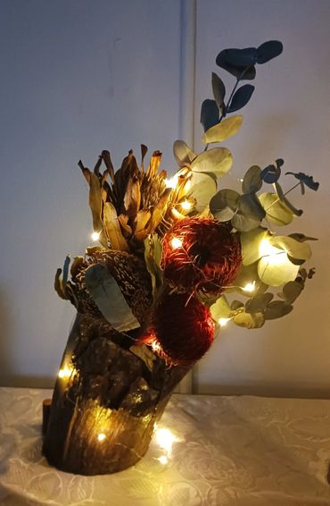 bevscraft.com.au handmade timber Australian floral table center with lights