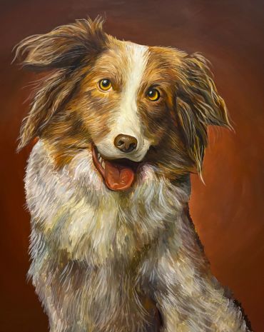 A joyful, fluffy dog with expressive eyes on a warm brown background.