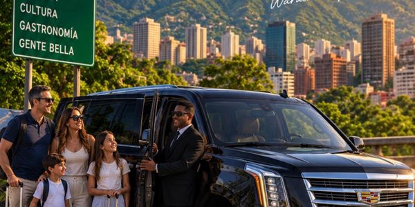 Family greeted by a chauffeur in front of a cityscape.