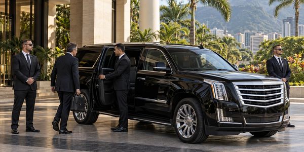 Black luxury SUV with security personnel and two men.