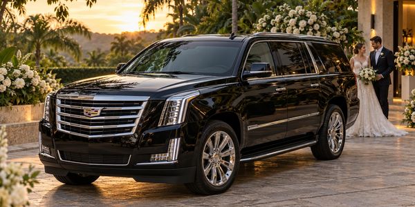 Black Cadillac SUV with a wedding couple.