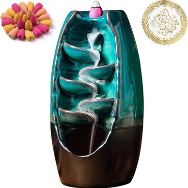 INONE Ceramic Incense Burner with 120 Cones, Waterfall Backflow Incense Holder, Aromatherapy Ornamen