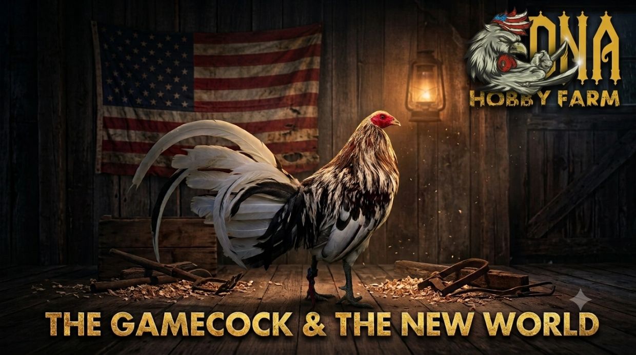A gamecock stands in a rustic room with an American flag.