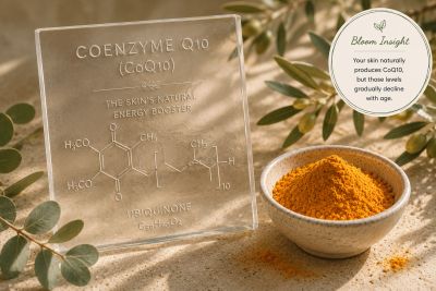 Coenzyme Q10 powder with molecular diagram and natural elements.