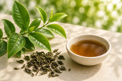 A cup of tea with loose tea leaves and fresh green leaves.