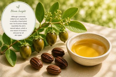Jojoba oil with seeds and branch.