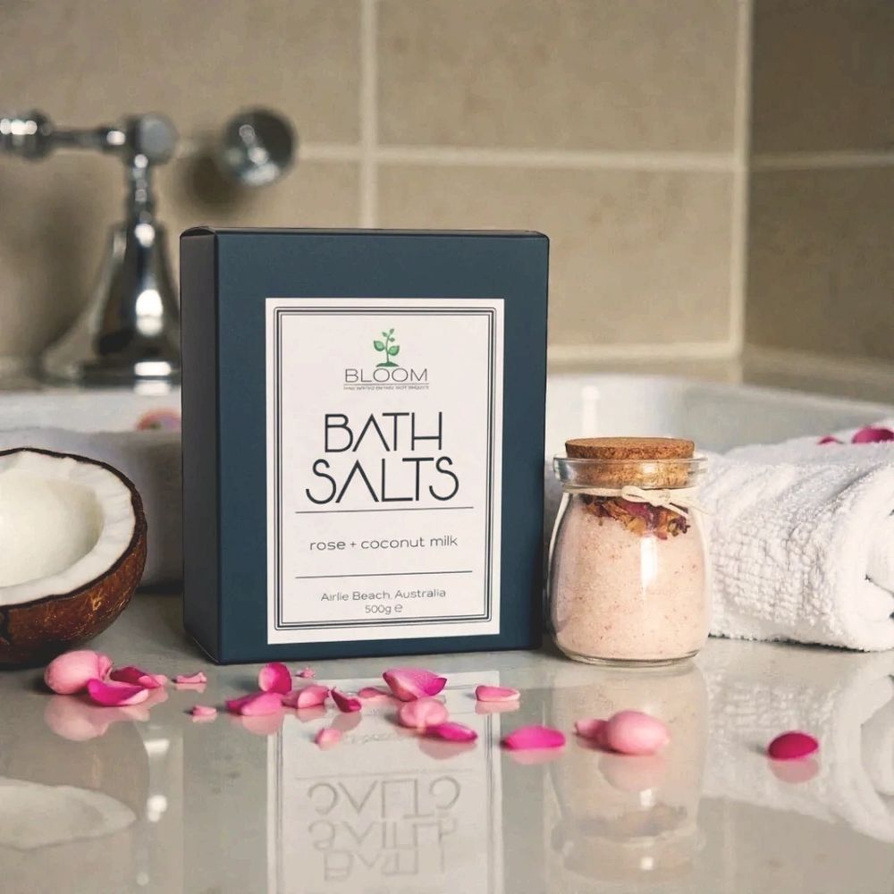 500g Box and a 95g Jar of Rose + Coconut Milk Bath Salts