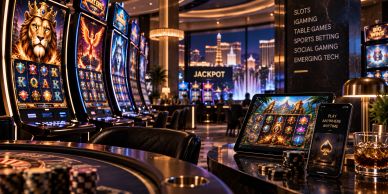 Luxurious casino interior with slot machines and gaming tables.