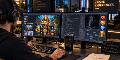 A game developer working on a slot machine game at a dual-monitor setup.