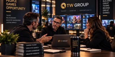Three professionals collaborating at a gaming industry meeting.