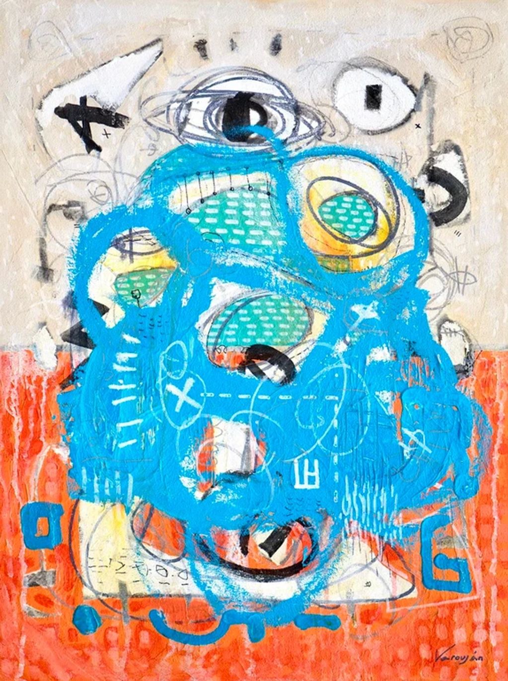 Abstract painting with vibrant blue and orange tones.