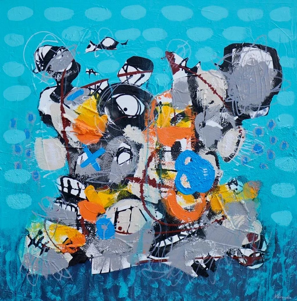 Abstract graffiti-style art with faces and vibrant colors.
