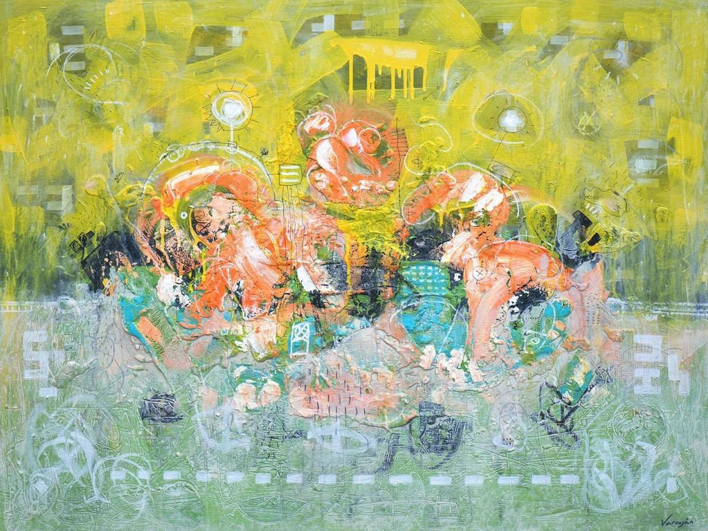 Abstract colorful painting with dominant yellow and green tones.