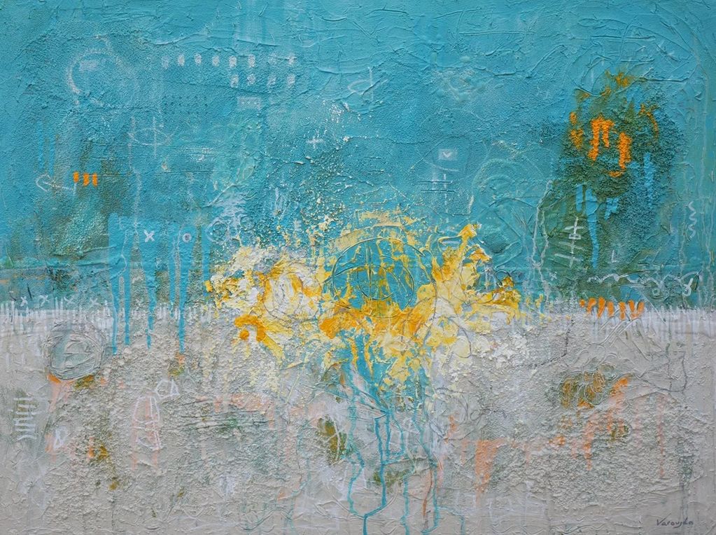 Abstract textured painting with blue, yellow, and gray hues.