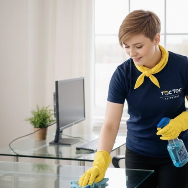 Woman cleaning a glass table in an office setting.