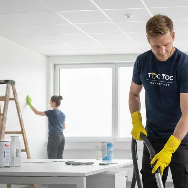 Two Agents TOC TOC assurant un nettoyage professionnel avec une attention minutieuse aux détails dans des bureaux à Montréal