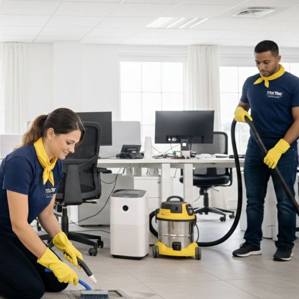 Two professional cleaners in yellow gloves cleaning a modern office.