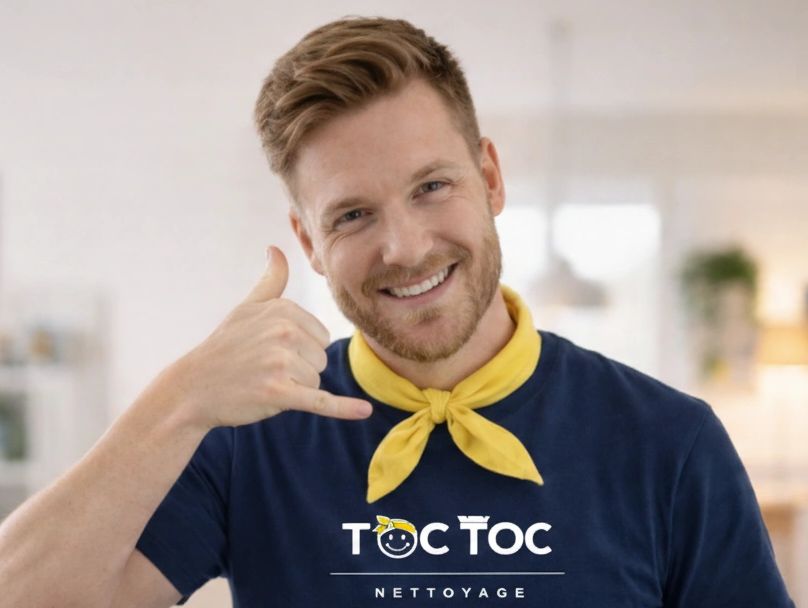 Hombre sonriente con uniforme azul de Toc Toc Nettoyage haciendo el gesto de llamada, servicio profe