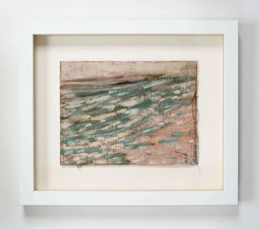Abstract painting with teal and brown brushstrokes in a white frame.