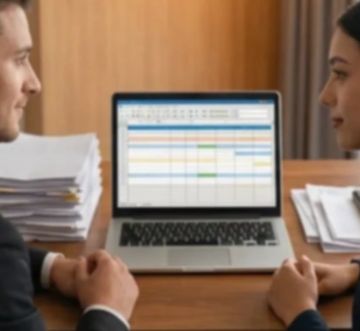 Two professionals discussing a spreadsheet on a laptop.