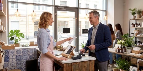 A customer paying at a cozy, plant-filled store counter.