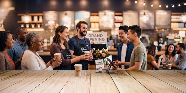 Happy customers and staff celebrate a coffee shop's grand opening.