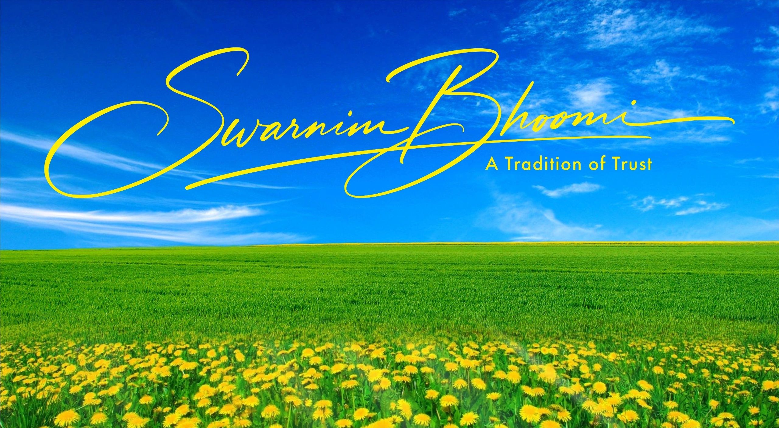 Bright green field under a blue sky with yellow text overlay.