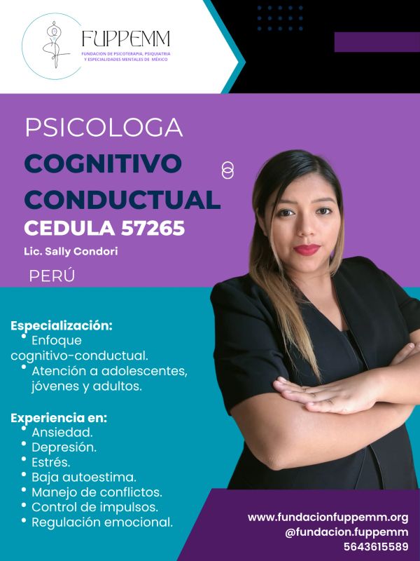 Psicóloga cognitivo conductual Sally Condori, con especialización y experiencia en salud mental.
